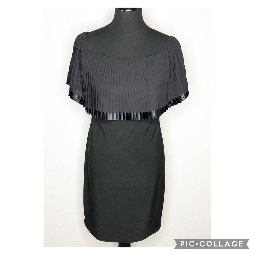 Frank Lyman Design black pleated shoulder overlay sheath dress size 6